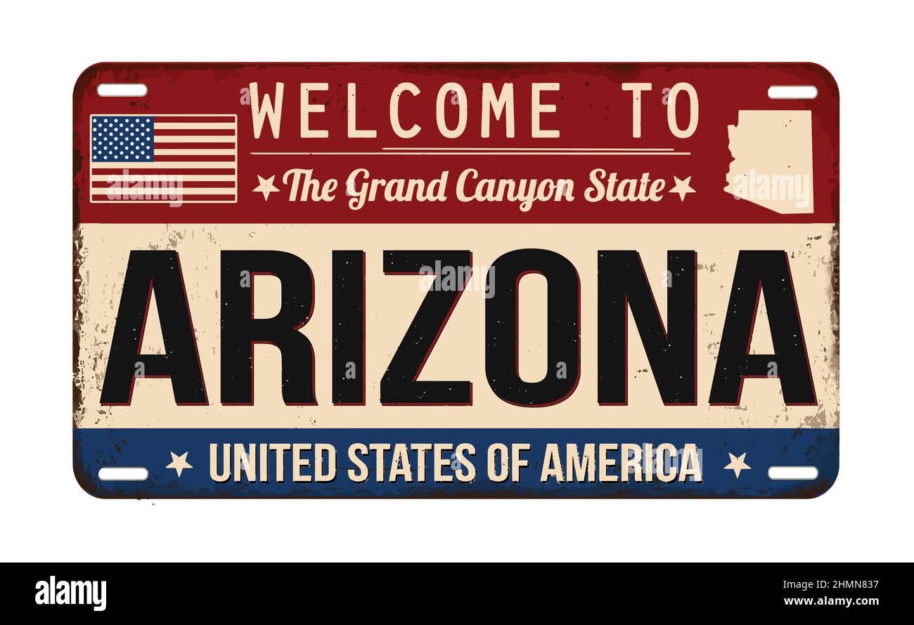 Bienvenue à Arizona vintage plaque d'immatriculation rouillée sur fond blanc, illustration vectorielle Illustration de Vecteur