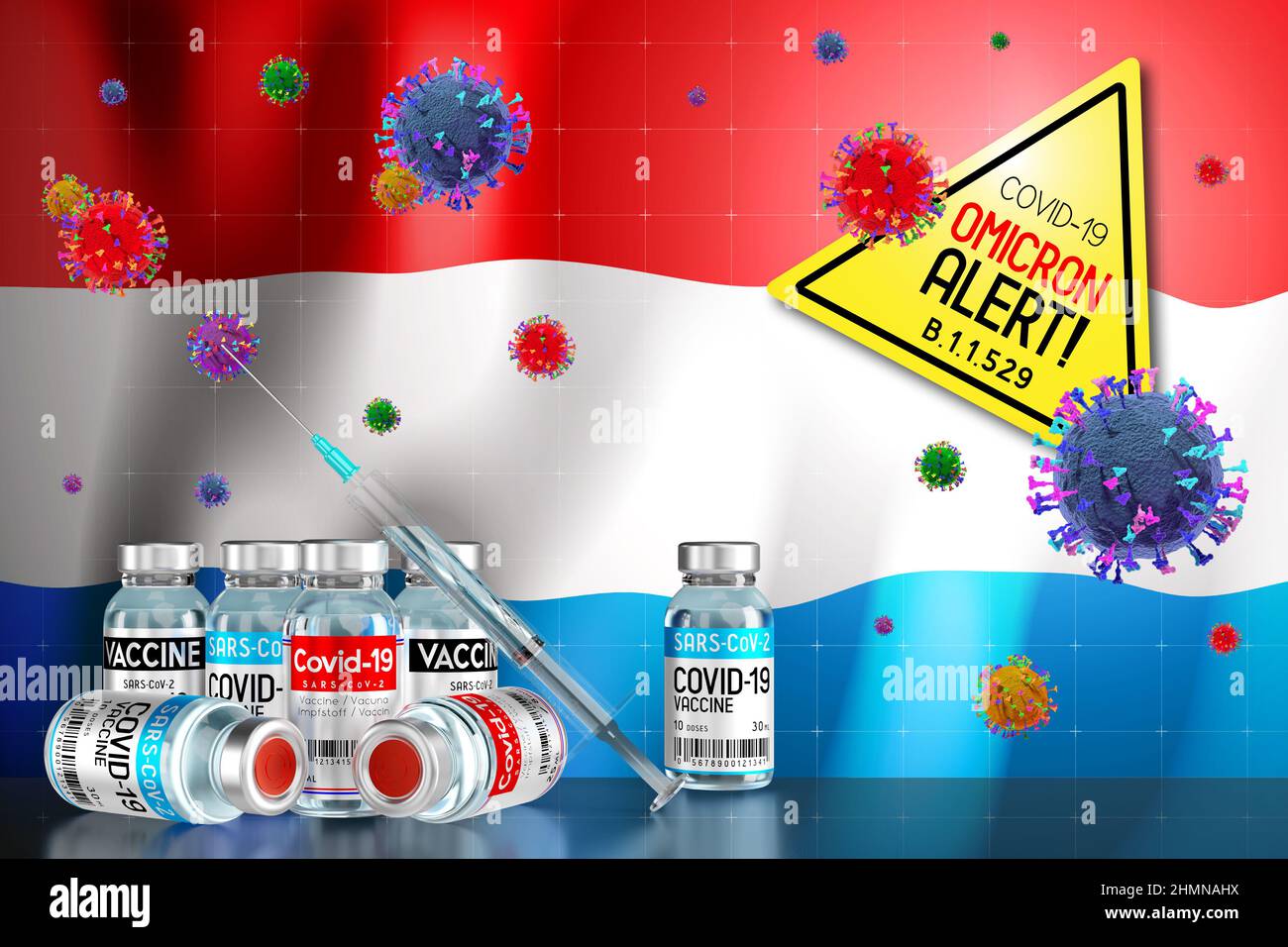 Covid-19 Omicron B.1.1.529 alerte variante, programme de vaccination au Luxembourg - illustration 3D Banque D'Images