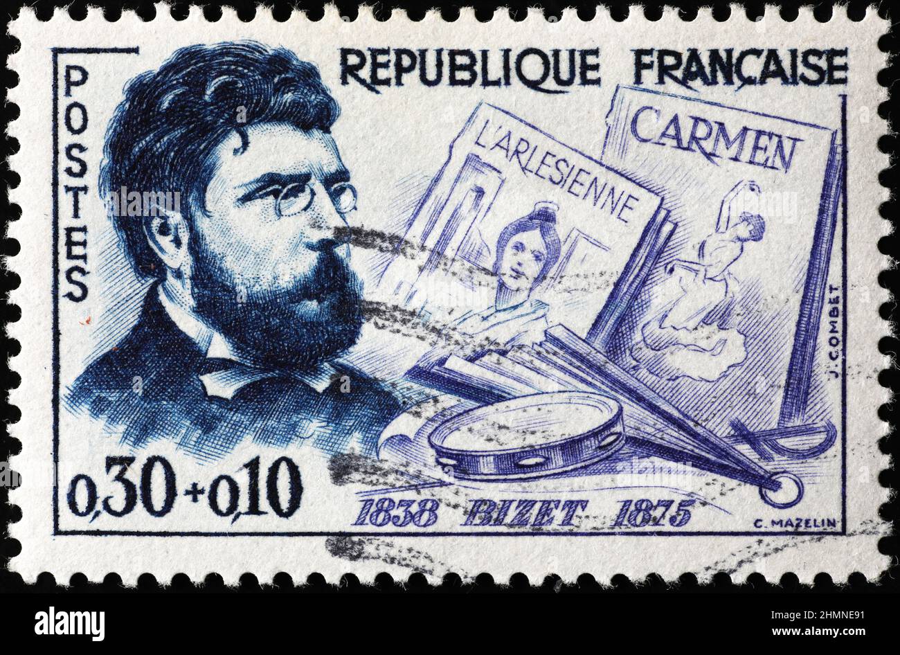 Portrait de Georges Bizet sur timbre français d'époque Banque D'Images