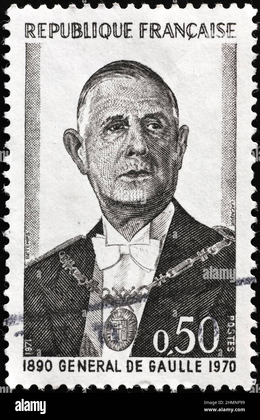 Le président Charles de Gaulle sur son ancien timbre-poste Banque D'Images