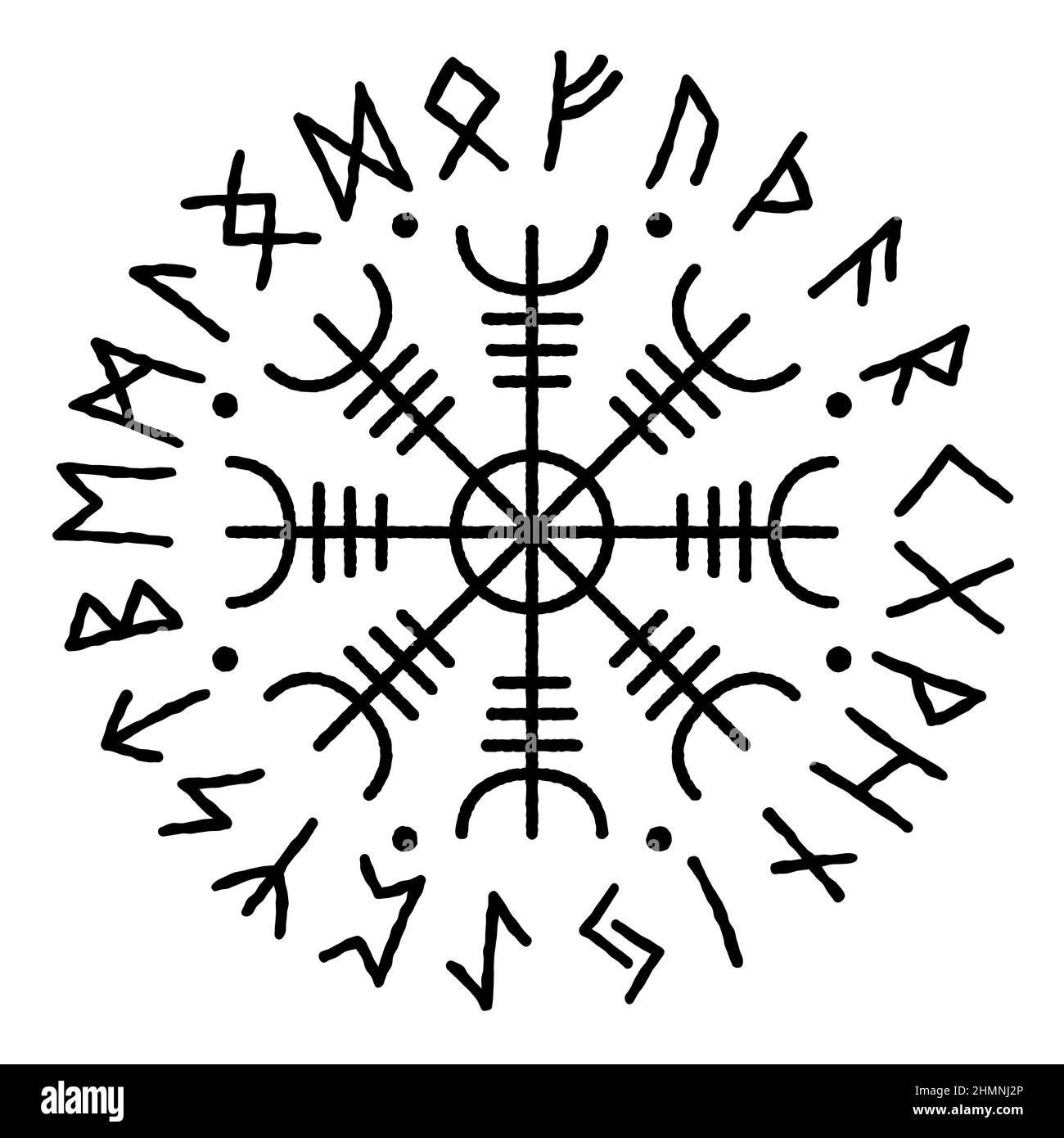 Aegishjalmur. Symbole de protection, casque d'horreur. vikings amulet scandinave avec un futhark dans un cercle. 24 Runes, illustration vectorielle. Illustration de Vecteur