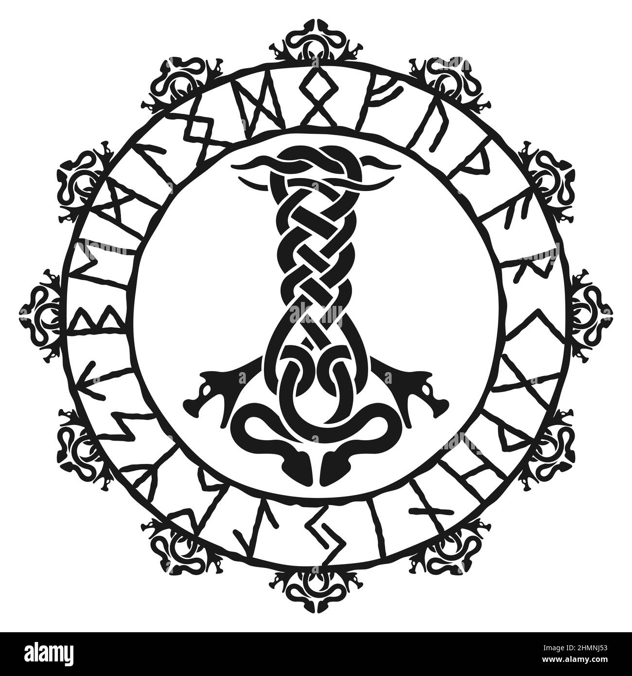 Thors Hammer Mjolnir, dessin de noeud celtique. Norse runes cercle, isolé sur blanc, illustration vectorielle. Style viking, modèle de conception. Illustration de Vecteur