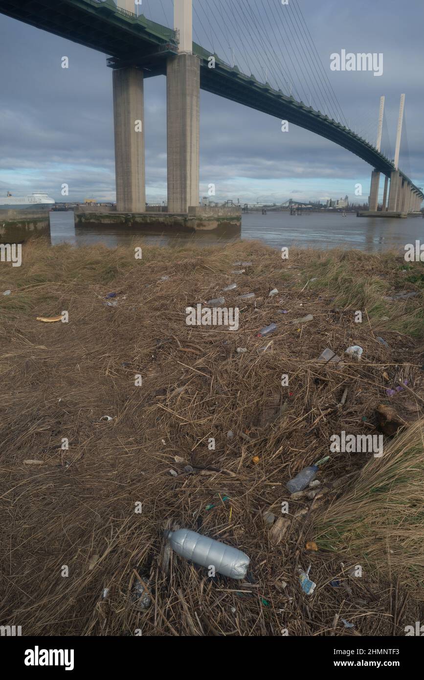 Déchets de flatsam et de jetsam recueillis sur des herbes sur la rive latérale de la Tamise à la marque de haute eau, pollution principalement des plastiques à usage unique Banque D'Images