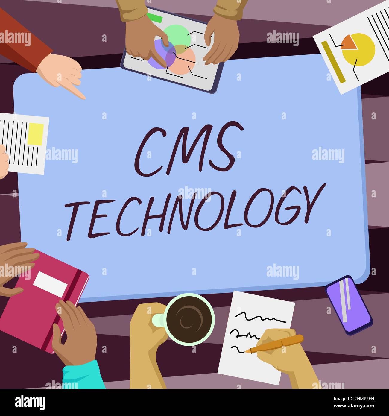 Légende conceptuelle CMS Technology. Concept : programmes utilisés pour créer et gérer du contenu numérique collègues Office Meeting ayant un café Banque D'Images