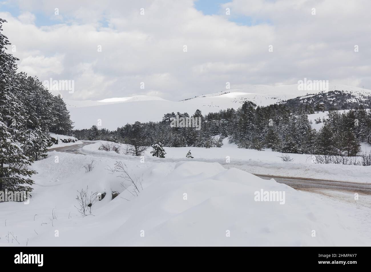 Montagne Zlatibor, Serbie en hiver. Vue sur une zone rurale en hiver avec la route et les montagnes sont au sommet de la distance. Mise au point sélective Banque D'Images