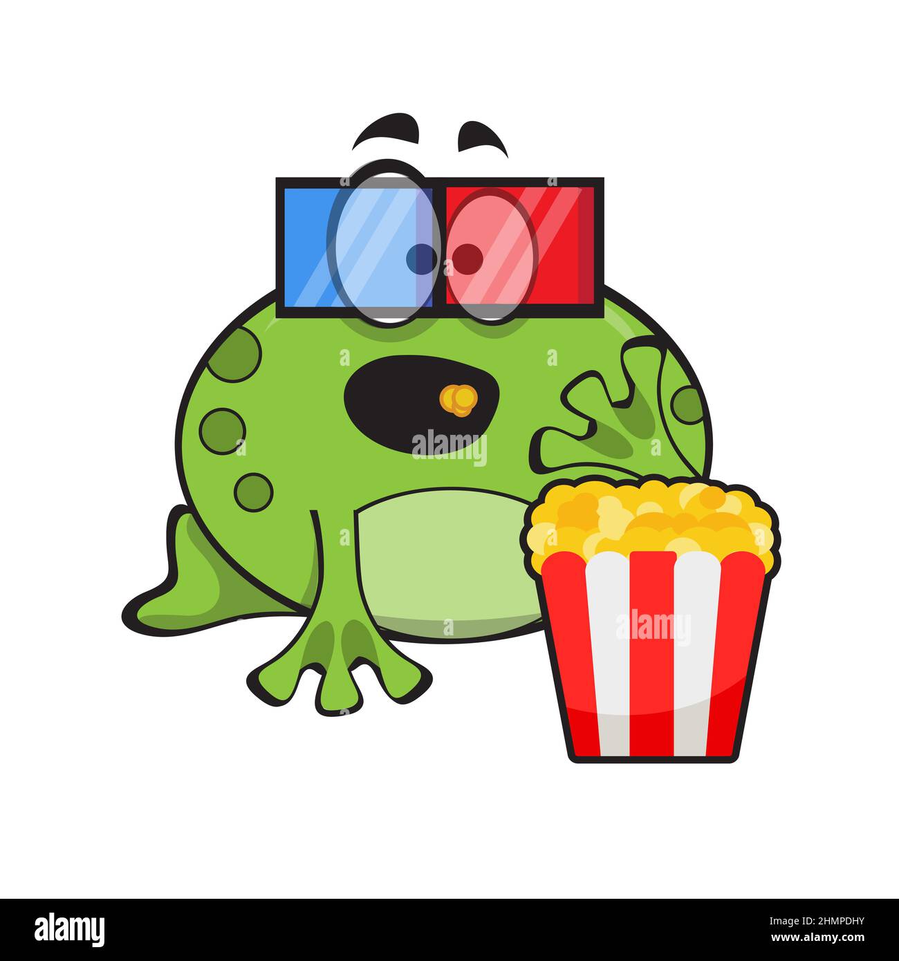 Mignon grenouille manger du pop-corn et regarder le film dans 3D verres. Jolie illustration d'animal de bande dessinée sur blanc Illustration de Vecteur