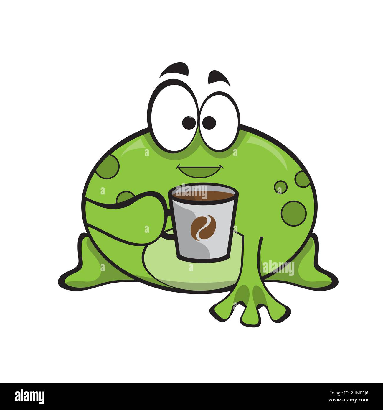 Jolie grenouille heureuse avec une tasse de café chaud. Jolie illustration d'animal de bande dessinée sur blanc Illustration de Vecteur