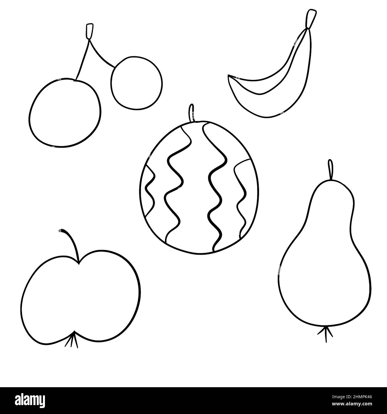 Ensemble de fruits à croquer aux contours noirs avec pomme, poire, pastèque, banane, cerise. Illustration de Vecteur