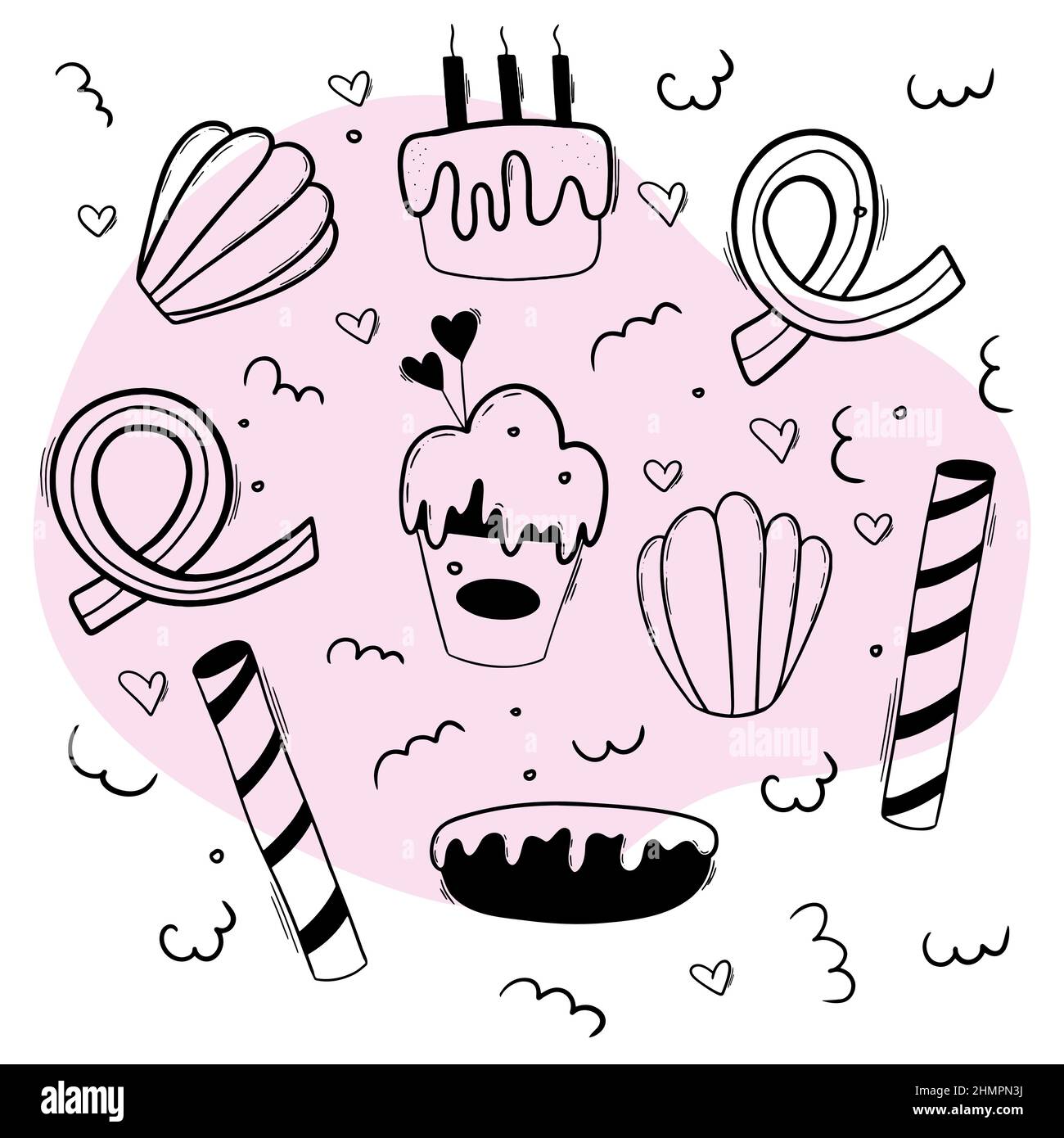 Boulangerie avec gâteau, crème glacée, beignets et biscuits madeleine. Illustration de Vecteur