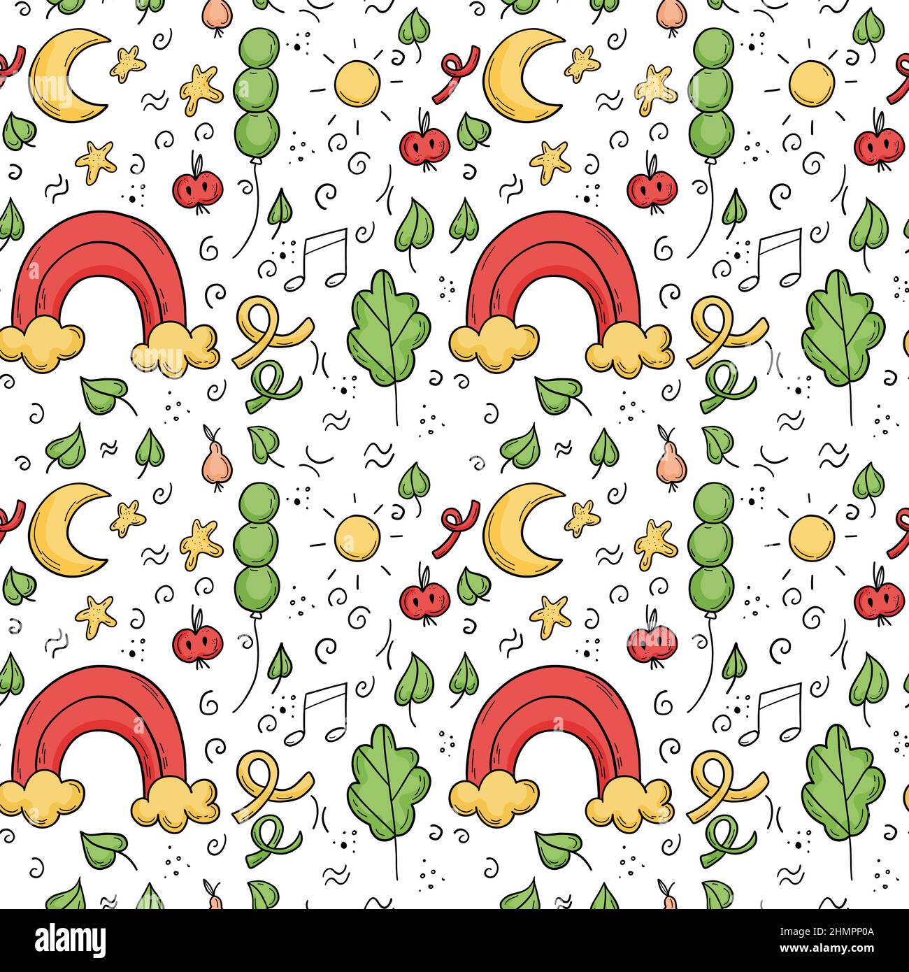 Doodle enfants sans coutures avec arc-en-ciel, feuilles, nuages, lune et soleil. Illustration de Vecteur