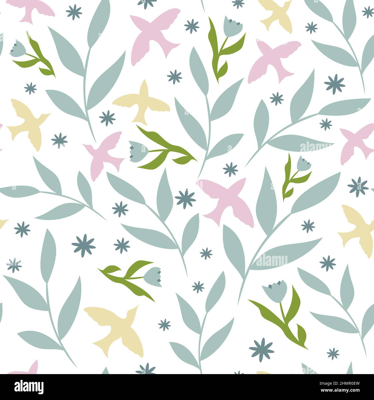 Feuilles naturelles oiseau fleur ressort à motif plat. Toile de fond en tissu fleuri pour un style fleuri. Design web scrapbook magazine invitation carte postale sans couture élément nature sur blanc Illustration de Vecteur