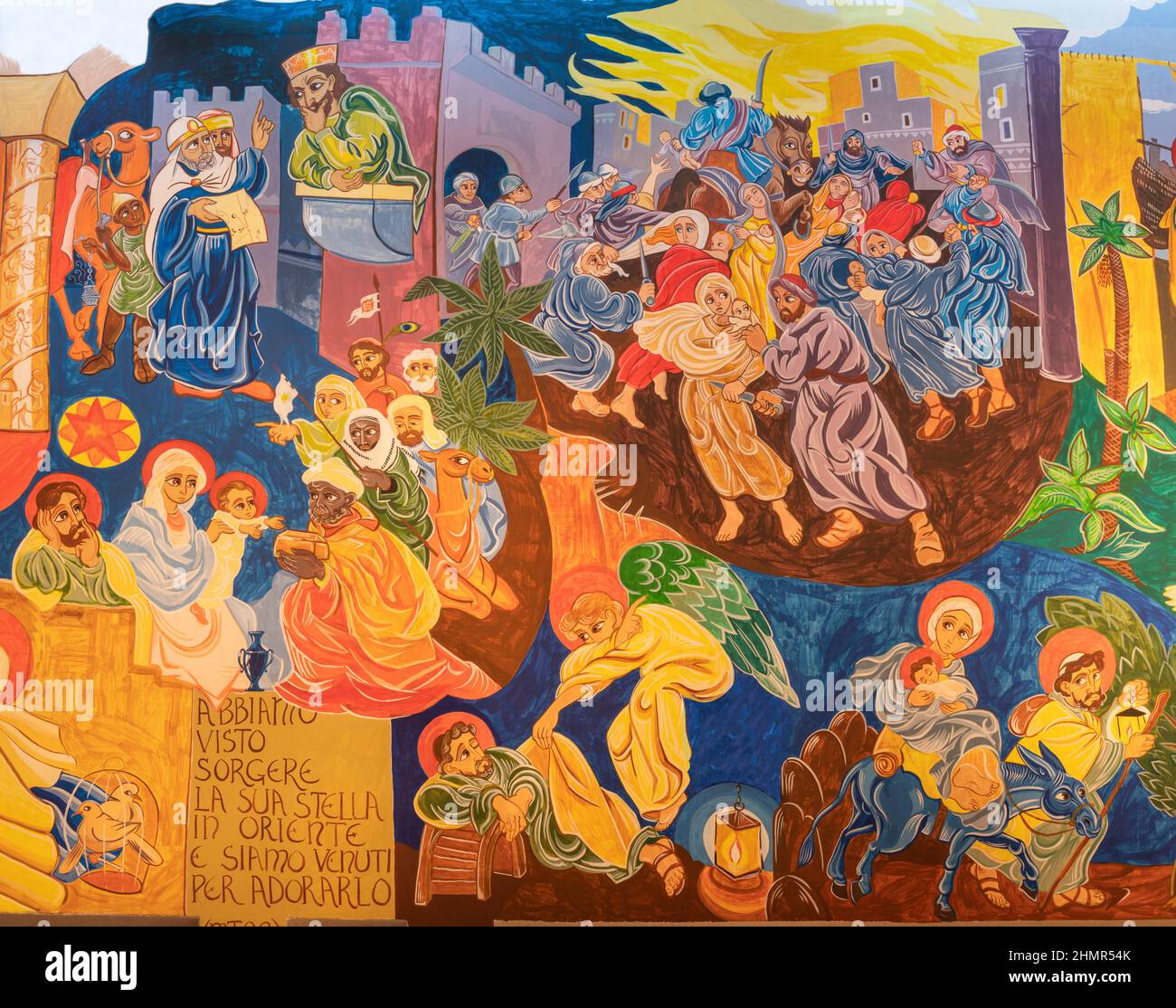 FORLÍ, ITALIE - 11 NOVEMBRE 2021 : la fresque moderne des scènes du Nouveau Testament dans l'église Chiesa di San Giuseppe Artigiano de Franco Vignazia (2019). Banque D'Images