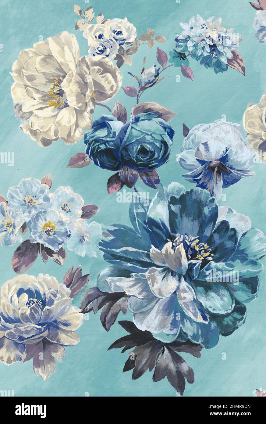 Bouquet de fleurs, fleurs peintes à la main, fleurs imprimées en textile numérique Banque D'Images