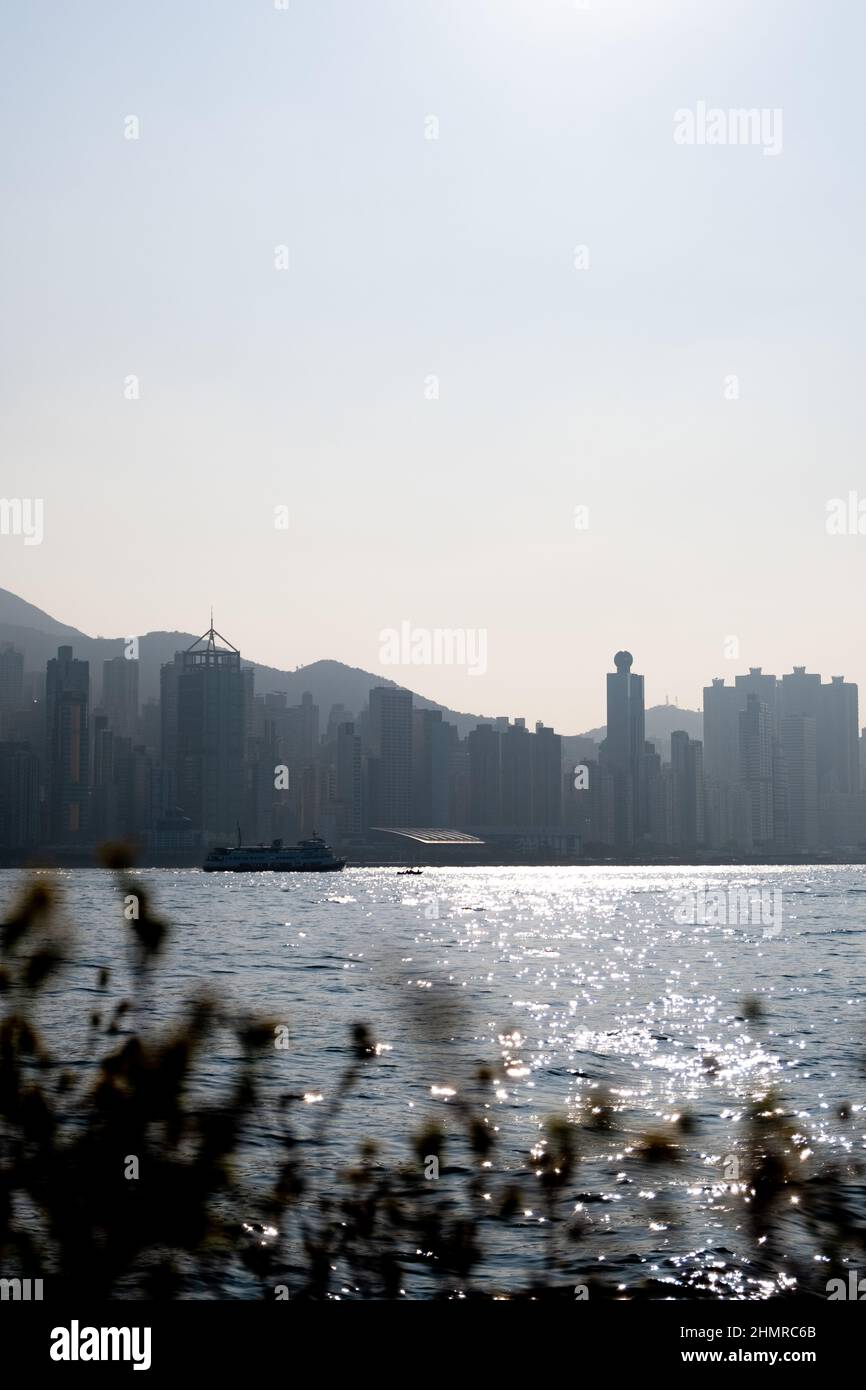 Paysage urbain du port de Victoria au bord de l'eau pendant le coucher du soleil à Hong Kong Banque D'Images