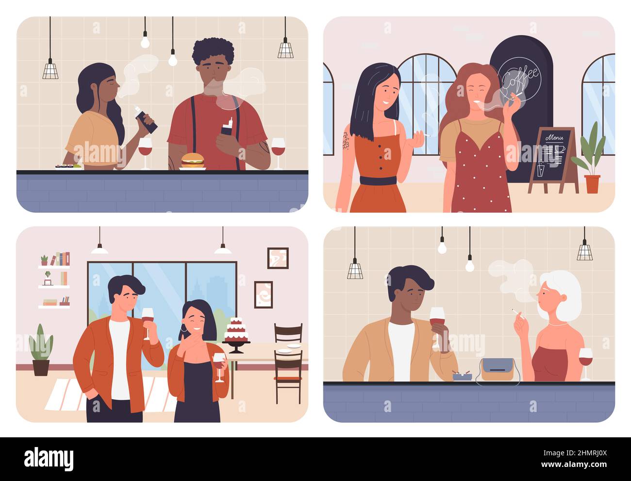 Les gens fument, boivent dans le bar ou le café ensemble illustration vectorielle. Caricature amis ou couple fumeurs personnages fumer électronique ou tabac cigarettes, homme heureux femme boire de l'alcool de vin et parler Illustration de Vecteur