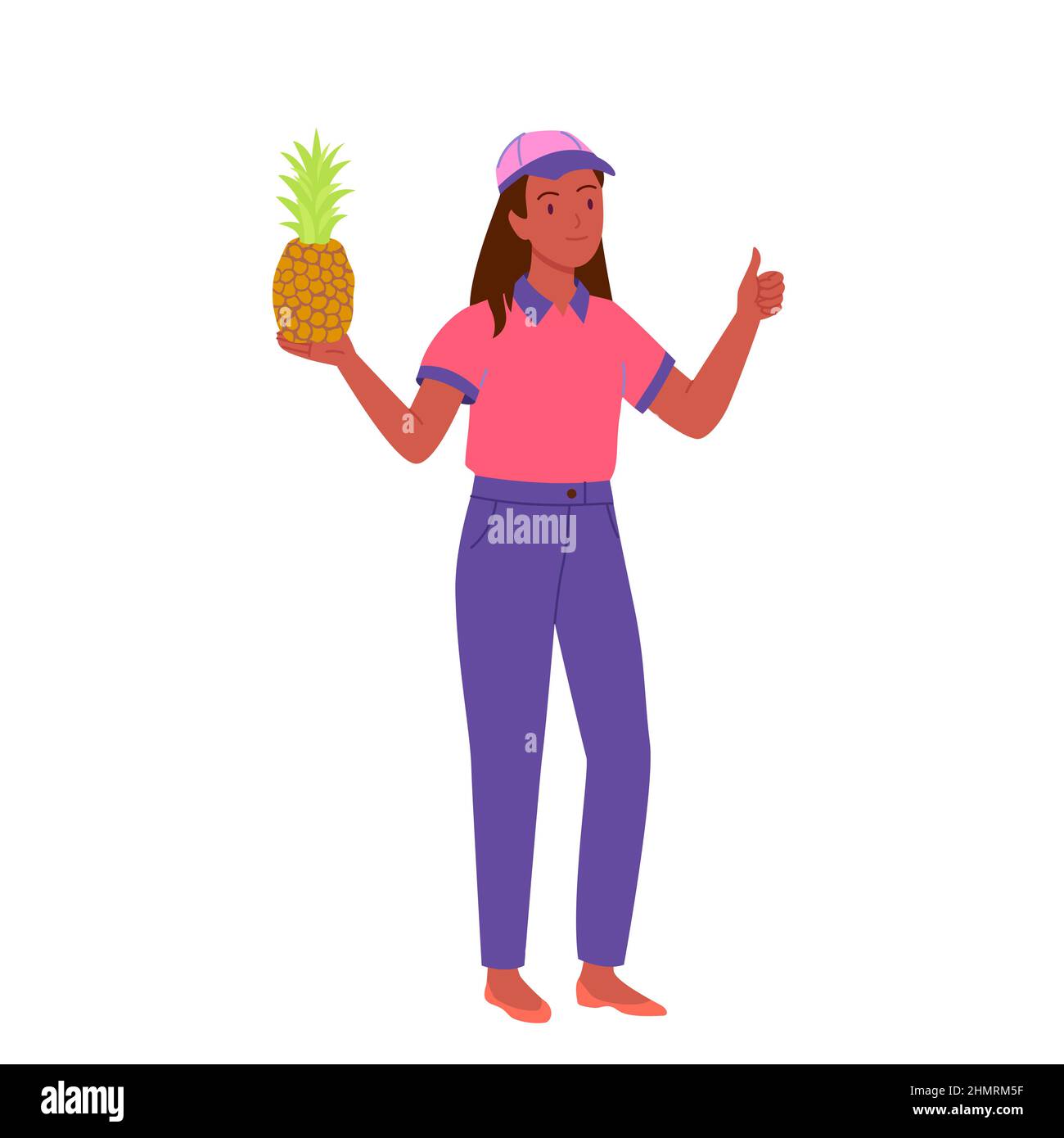 Vendeur afro-américaine fille avec ananas et pouce vers le haut Illustration de Vecteur