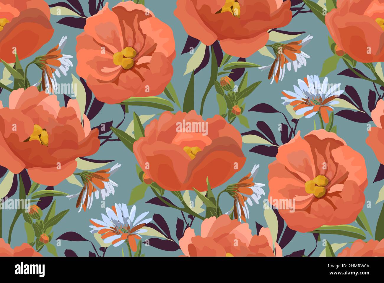 Motif fleuri vectoriel sans coutures. Fleurs, feuilles et herbes de couleur orange et corail. Illustration de Vecteur
