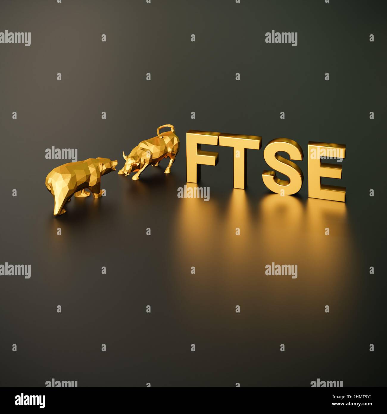 Concept d'indice boursier FTSE. Un taureau et un ours en plus du texte d'or FTSE (l'indice boursier britannique appelé 'Financial Times stock Exchange'). Banque D'Images