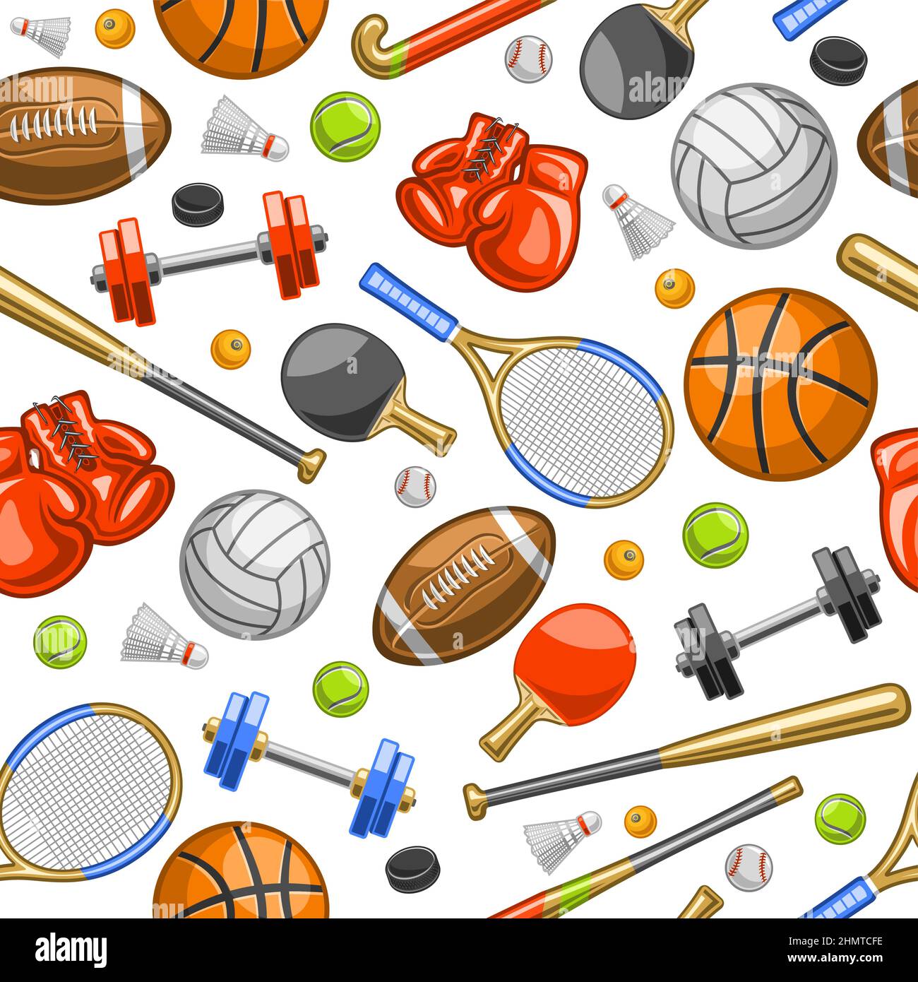 Vector Sports Seamless Pattern, fond carré répété avec illustrations découpées de divers équipements de sport d'été, gants de boxe en cuir rouge, tennis Illustration de Vecteur
