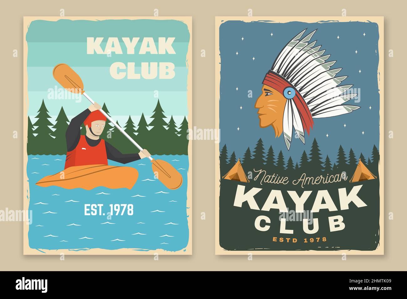 Ensemble d'affiches rétro du club de kayak. Vecteur. Motif typographique vintage avec silhouette de kayakiste et d'indien américain. Sports aquatiques extrêmes. Aventure en plein air Illustration de Vecteur