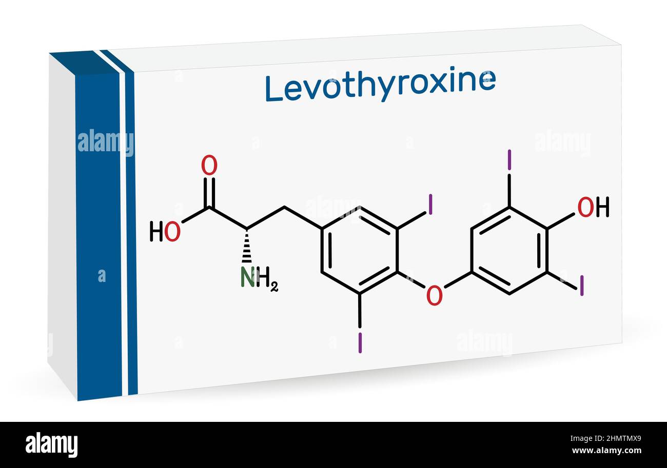 Lévothyroxine, molécule de L-thyroxine. Il s'agit de la forme synthétique de l'hormone thyroïdienne thyroxine, T4 hormone, utilisée pour traiter l'hypothyroïdie. Chimie squelettique Illustration de Vecteur