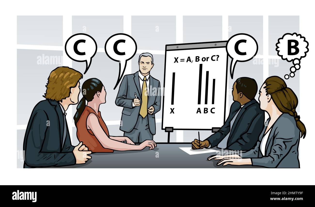L'étude de conformité d'Asch, 1951 Illustration de l'étude psychologique - réaliste, pas sur le thème de la caricature. Solomon Asch's, étude sur la pression des groupes/pairs. Banque D'Images
