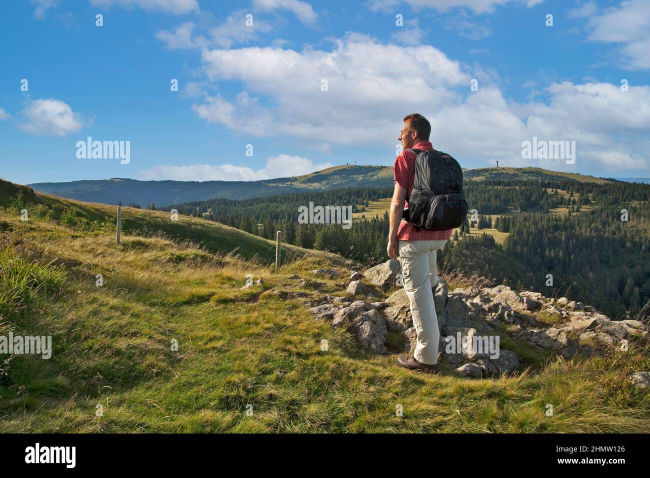 Un seul randonneur sur le Herzogenhorn bénéficie de la vue sur le Feldberg dans la Forêt Noire, Bade-Wurtemberg, Allemagne Banque D'Images