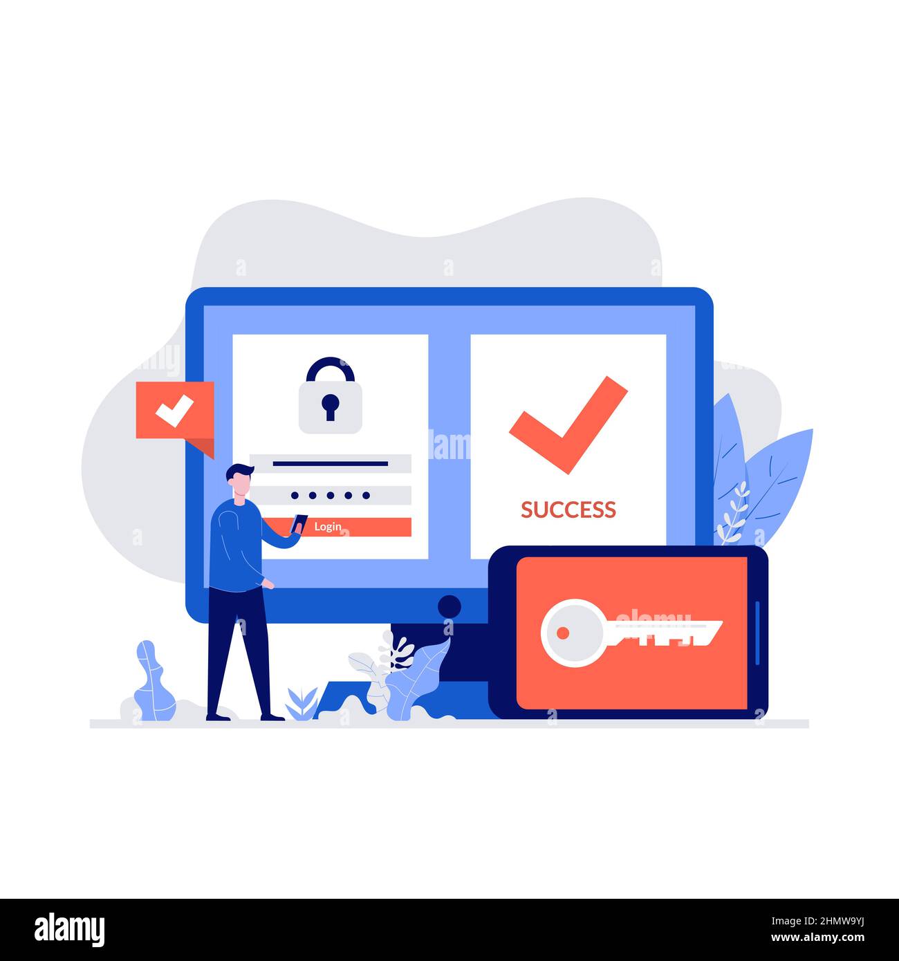 Concept d'authentification Duo avec caractères. Illustration vectorielle moderne de style plat pour la page d'arrivée, l'application mobile, l'affiche, la brochure, le modèle, bannière web Illustration de Vecteur
