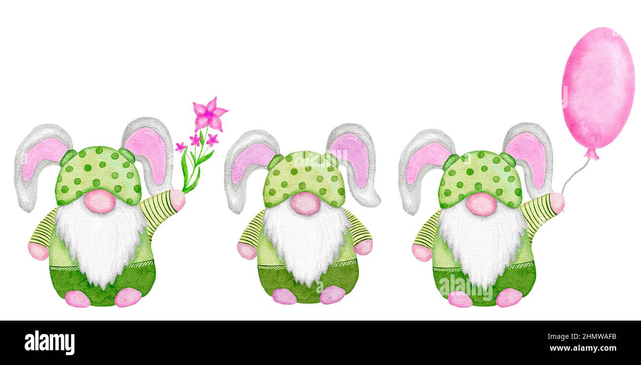 Aquarelle attirée à la main illsutation de nains de Pâques dans de jolis vêtements roses et verts kawaii. Gnomes nordiques scandinaves avec fleurs ballons oreilles de lapin. Design pour les invitations de fête de pâques cartes drôles Banque D'Images