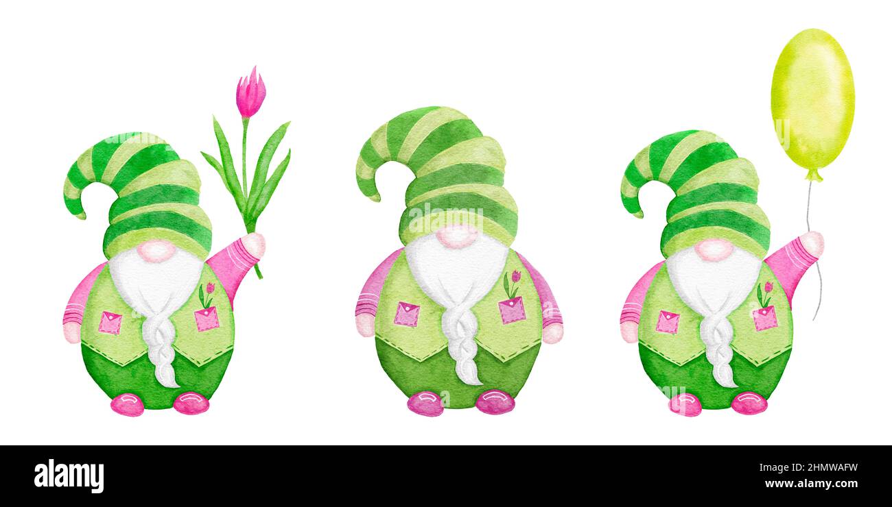 Aquarelle attirée à la main illsutation de nains de Pâques dans de jolis vêtements roses et verts kawaii. Gnomes nordiques scandinaves avec fleurs ballons oreilles de lapin. Design pour les invitations de fête de pâques cartes drôles Banque D'Images