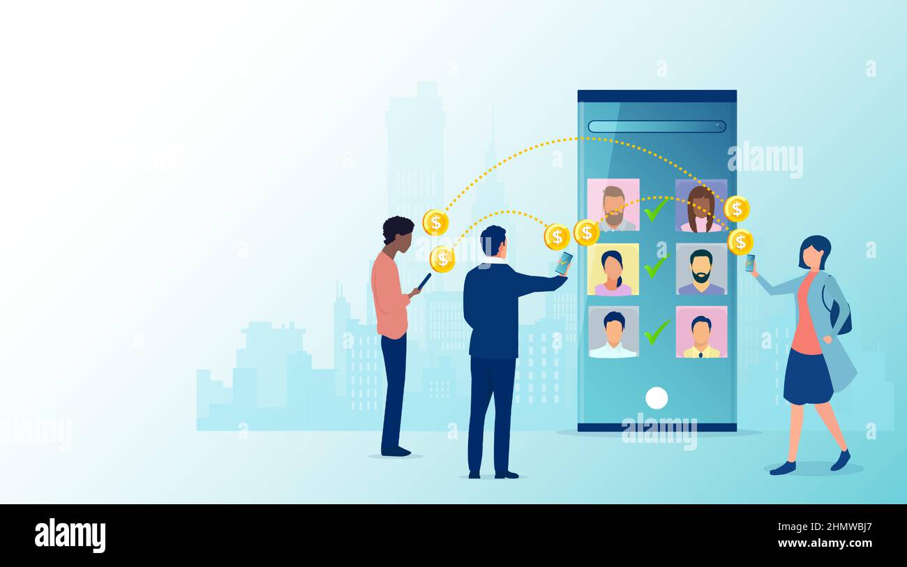 Vecteur de personnes envoyant et recevant de l'argent avec leur téléphone mobile, à l'aide de l'application de banque en ligne Illustration de Vecteur