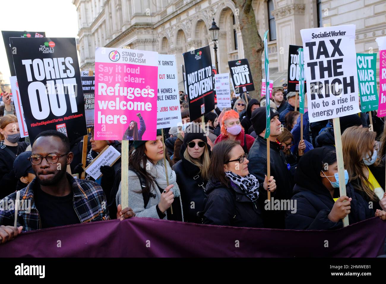 LONDRES - 12th FÉVRIER 2022: Manifestation de l'Assemblée populaire contre le gouvernement conservateur et leur gestion de la crise du coût de la vie. Banque D'Images