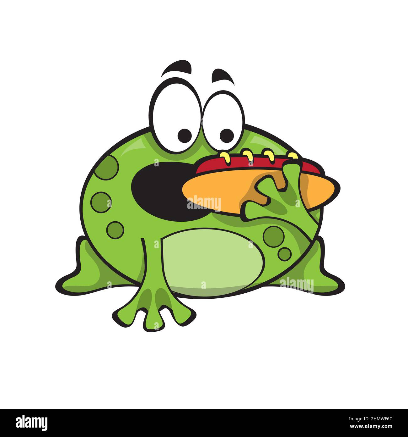 Mignon grenouille verte avec hot dog, personnage de dessin animé isolé sur fond blanc. Cuisine de rue amusante Illustration de Vecteur