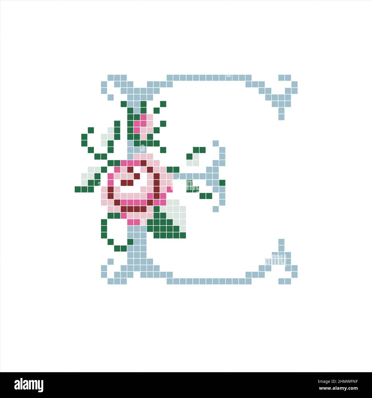 Lettre florale e. Lettre initiale de l'alphabet avec fleur. Illustration du vecteur de couleur de style pixel isolée sur fond blanc. Illustration de Vecteur