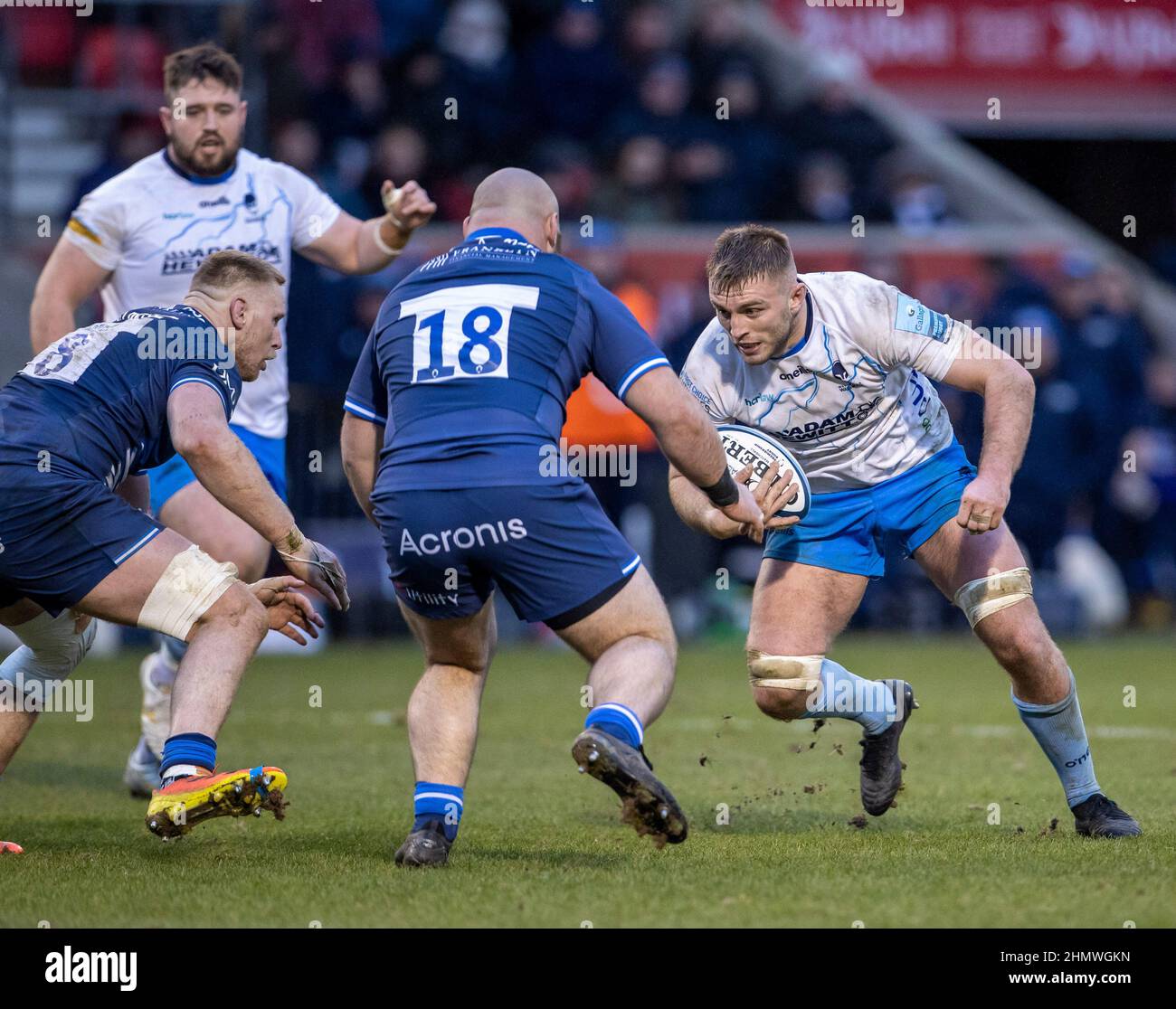 Vente, Royaume-Uni. 12th février 2022 ; AJ Bell Stadium, sale, Angleterre ; Gallagher Premiership rugby, Vente versus Worcester Warriors: Joe Jones of sale Sharks fait un Tackle crédit: Action plus Sports Images/Alamy Live News Banque D'Images