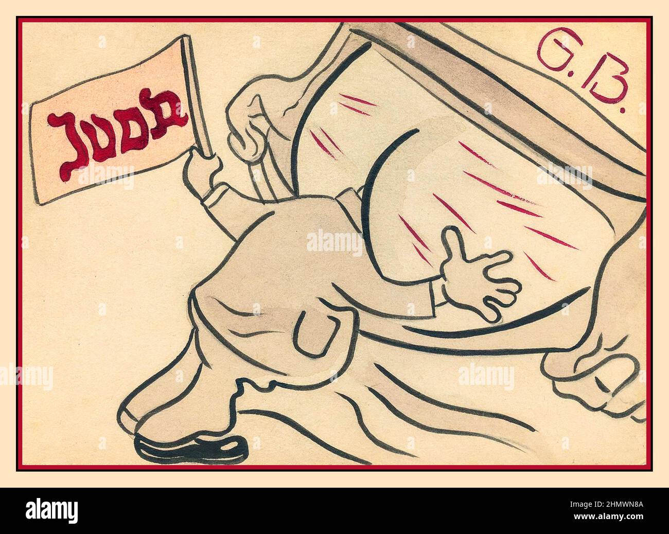 Propagande nazie 1930s caricature de caricature antisémite montrant un juif portant une bannière de drapeau DE JUDAS avec sa tête brocheen Les joues postérieures de GB Grande-Bretagne, ce qui implique que le peuple juif était en tant qu'un et en accord total avec le Royaume-Uni 1930s Allemagne nazie anti-propagande juive du Bureau du Ministère de l'information du Dr Goebbels Banque D'Images