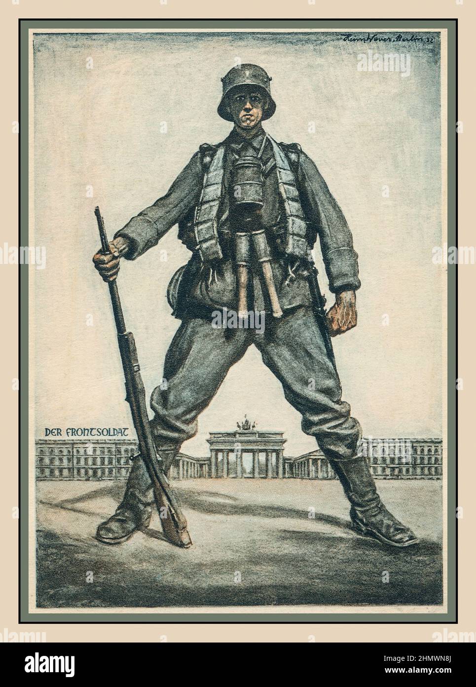 Illustration de la propagande nazie « Der Frontsoldat » 1930s d'un soldat de Wehrmacht dans un kit prêt à la bataille. Debout dans une posture de pouvoir en face de la porte de Brandebourg Berlin Allemagne Banque D'Images