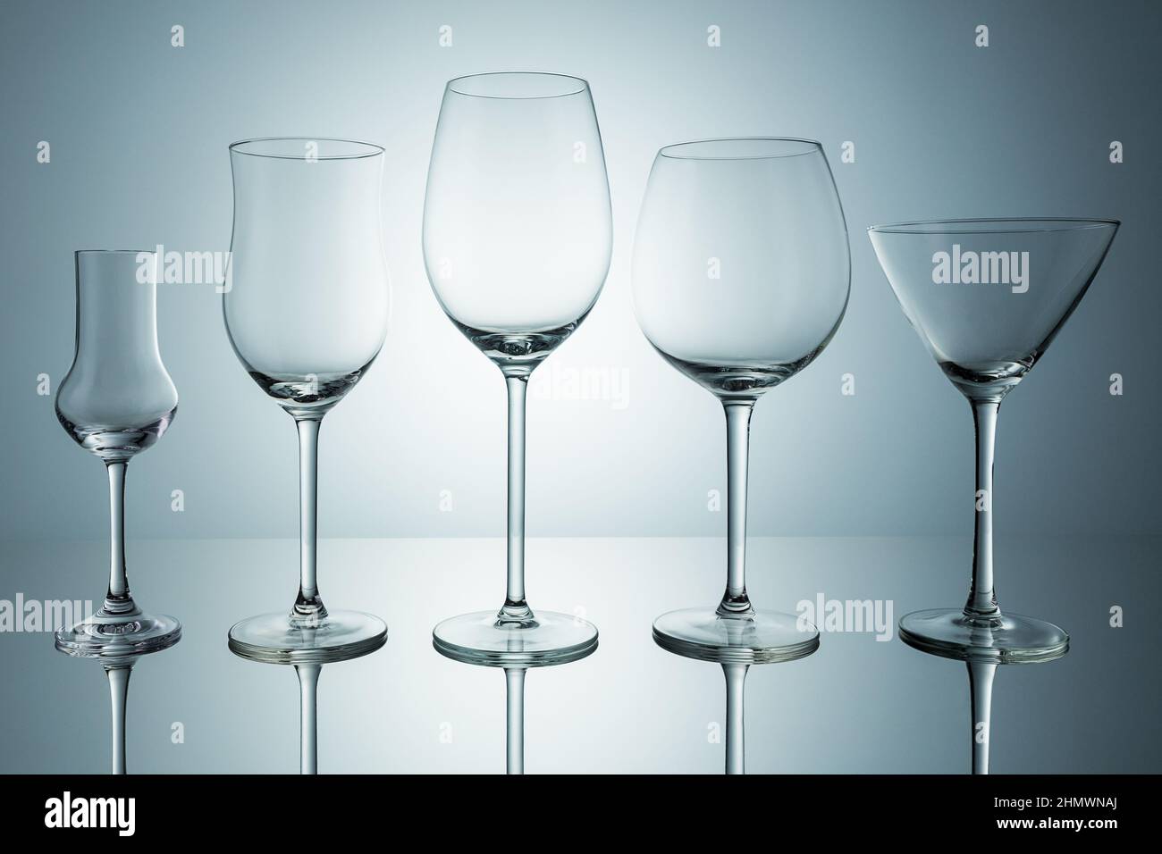 Une rangée de verres de grappa, de vin et de cocktail vides sur fond gris. Prise en Studio avec un 5D Mark III Banque D'Images