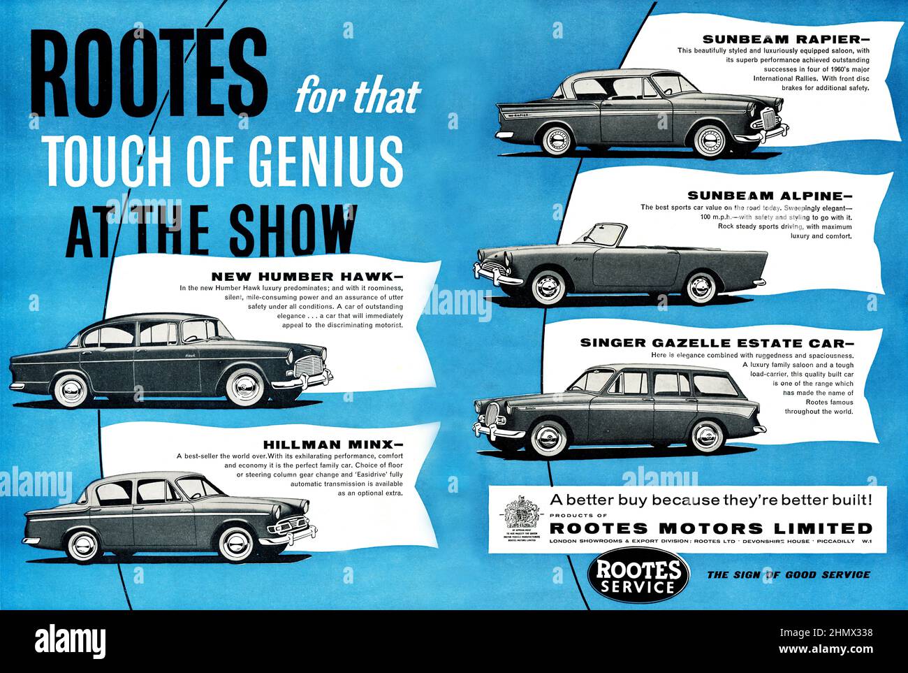Une publicité vintage pour les voitures du groupe Rootes au salon automobile Earl's court, du magazine Motor, octobre 1960 Banque D'Images