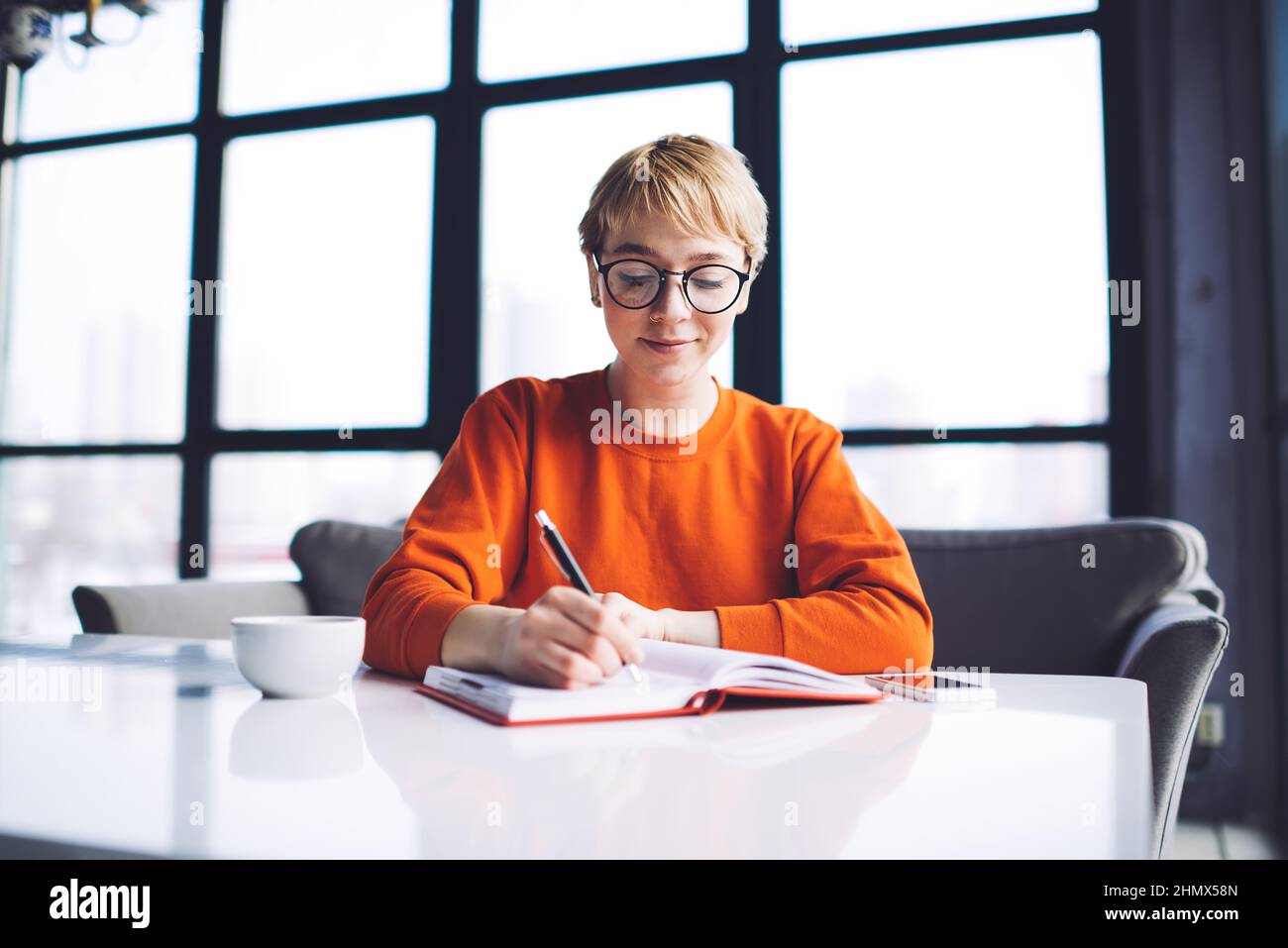 Jeune femme avec un ordinateur portable travaillant dans un café Banque D'Images