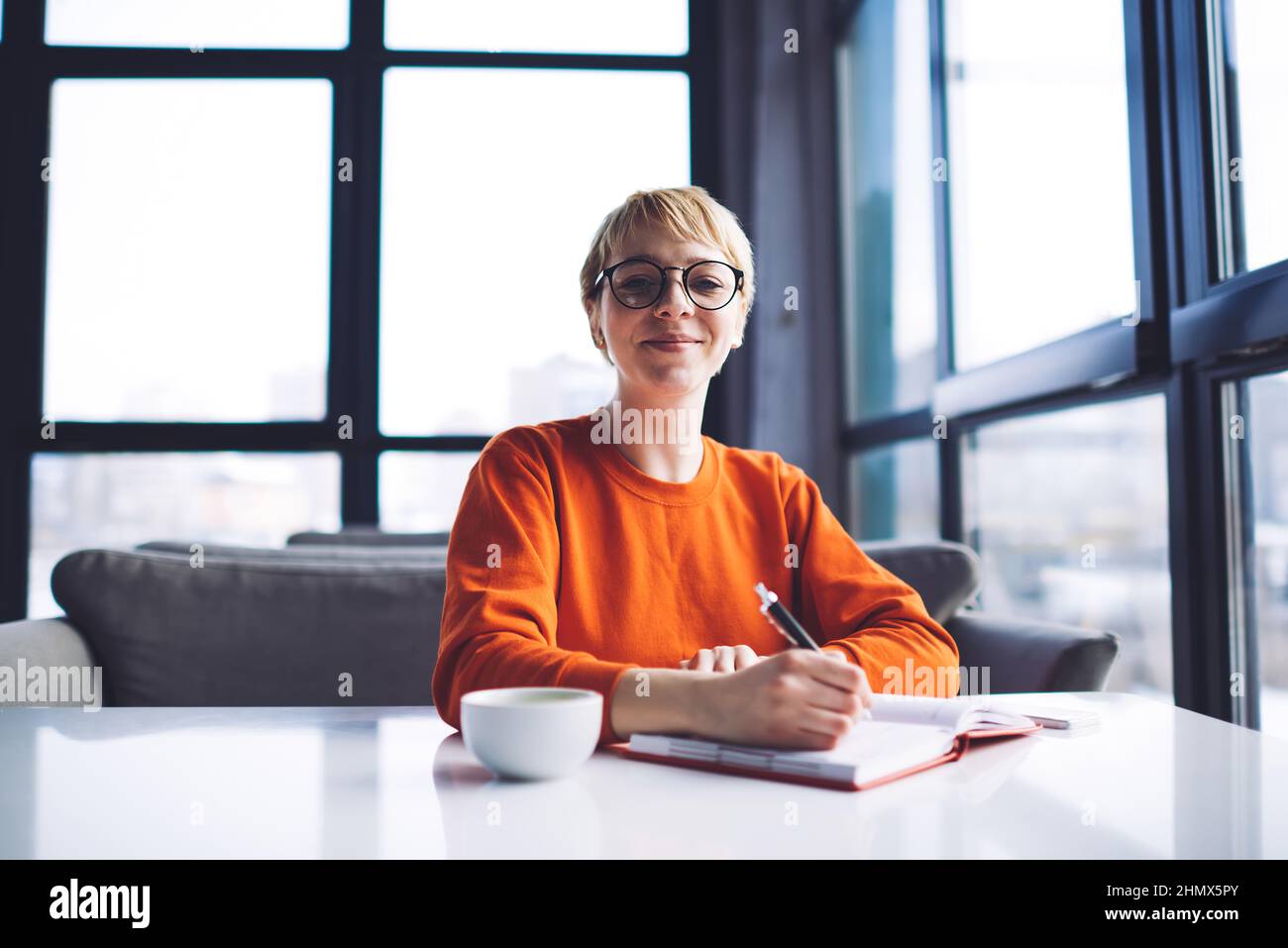 Femme joyeuse indépendante avec carnet dans le café Banque D'Images