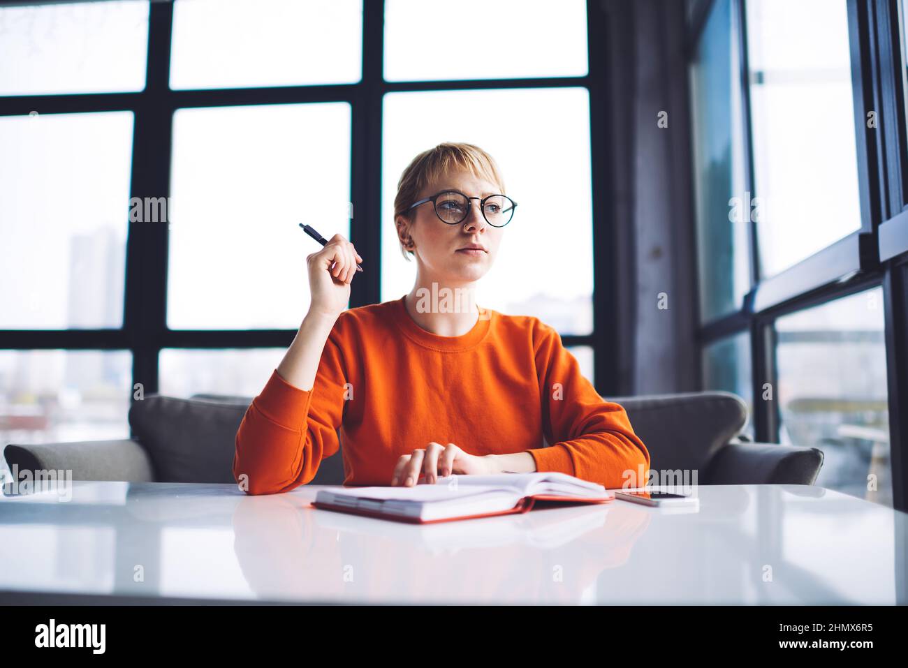 Un jeune étudiant fait ses devoirs dans un salon lumineux Banque D'Images