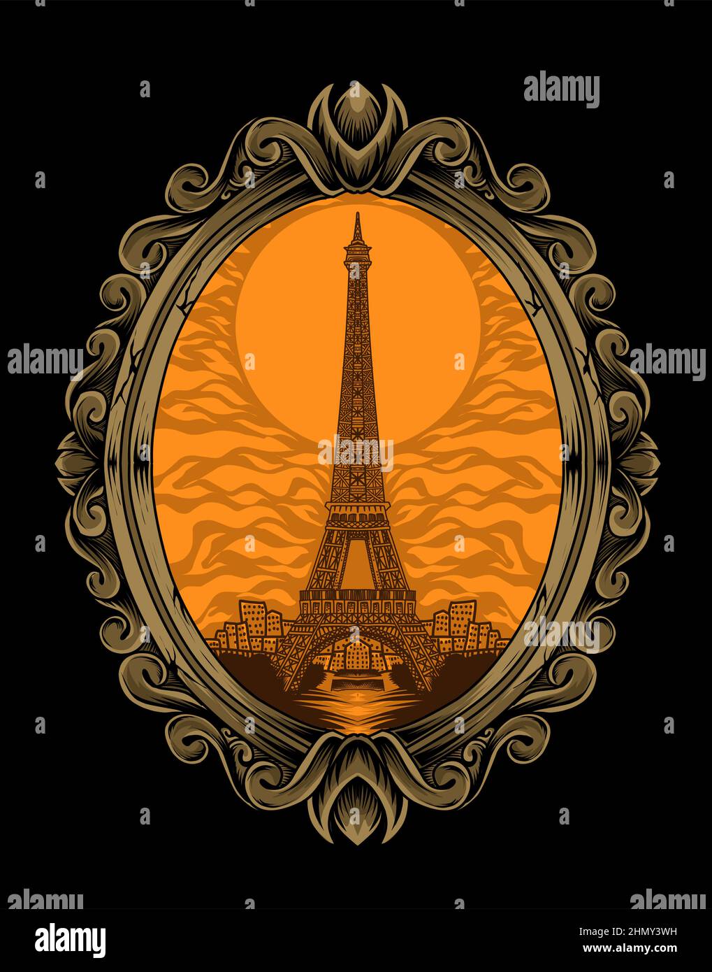 Illustration vecteur Tour Eiffel avec ornement de gravure vintage sur fond noir Illustration de Vecteur