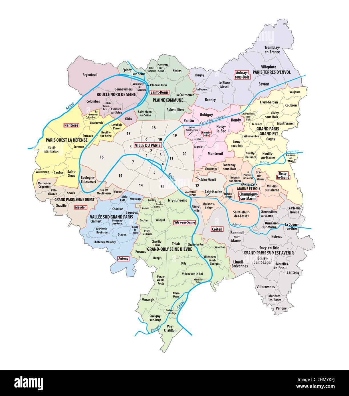 Carte des associations municipales créées en 2016 dans la région métropolitaine du Grand Paris, France Illustration de Vecteur