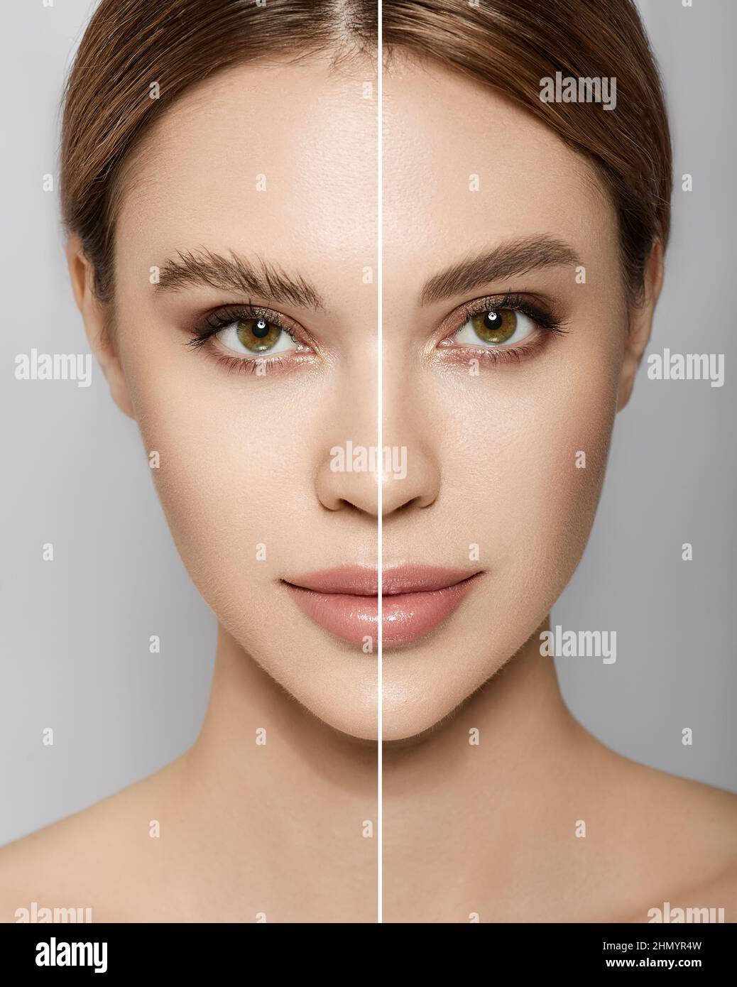 Visage de femme avant et après le style de sourcil, collage sur fond gris. Forme des sourcils avant et après le toilettage Banque D'Images