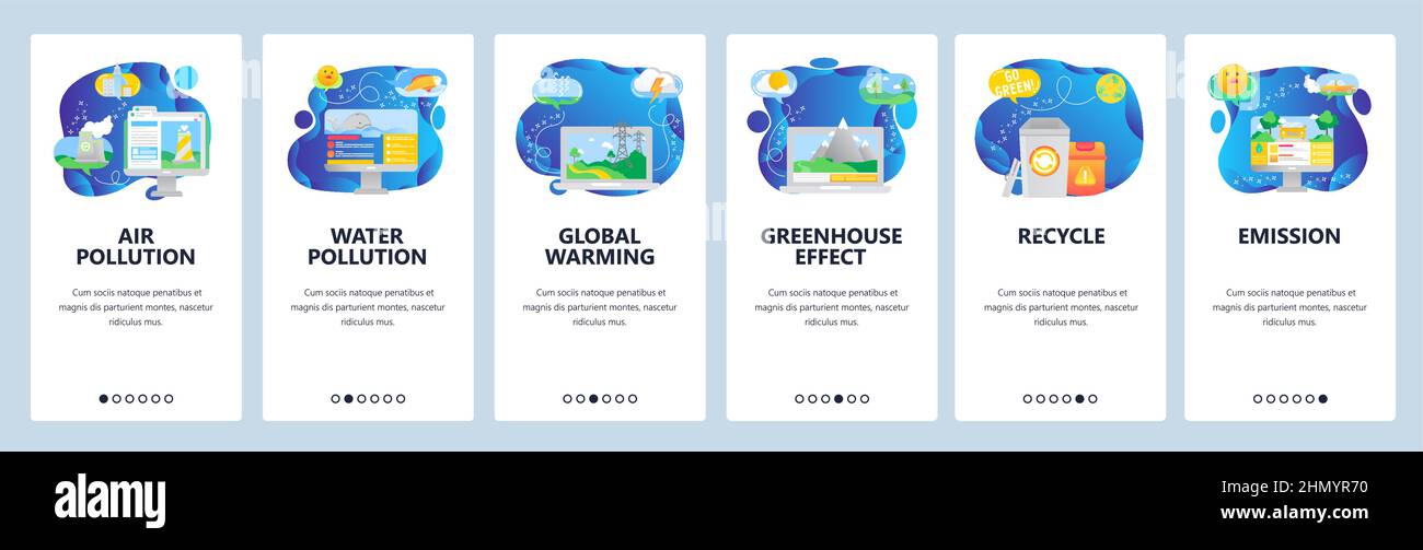 Intégration pour le site Web et l'application mobile. Modèle de vecteur de bannière de menu pour le développement de sites Web et d'applications. Pollution de l'air et de l'eau, réchauffement de la planète, Illustration de Vecteur