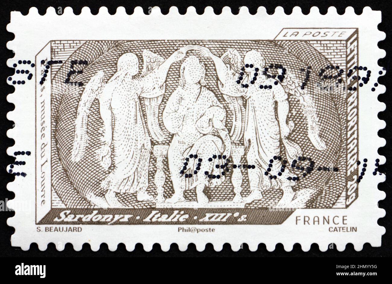 FRANCE - VERS 2012 : un timbre imprimé en France montre du sardonyx, de la gravire, du relief du Louvre, vers 2012 Banque D'Images