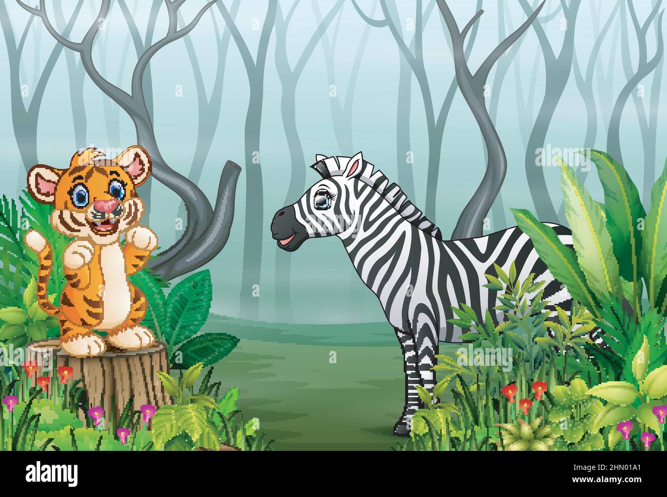 Dessin animé animal sauvage dans la forêt avec des branches d'arbre sec arrière-plan Illustration de Vecteur