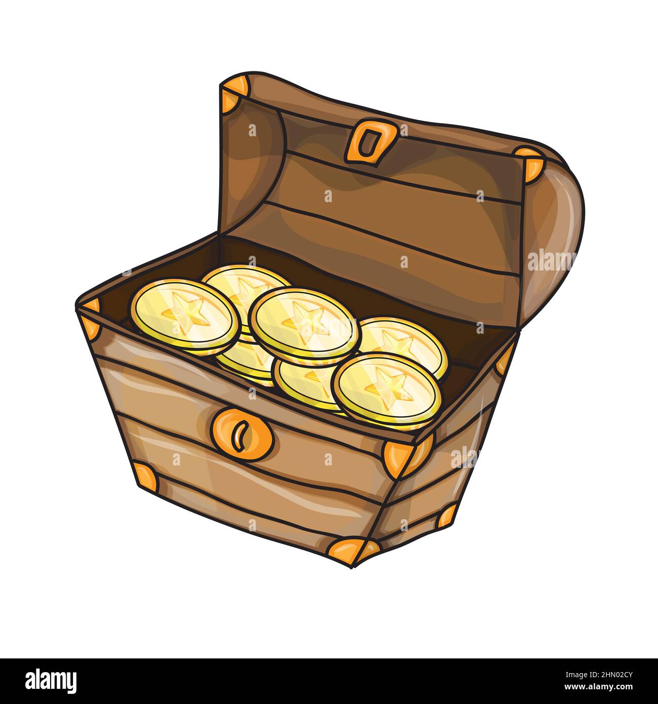 Trésor lumineux boîte en bois, illustration vectorielle de coffre avec or, beaucoup de pièces, isolé sur fond blanc Illustration de Vecteur