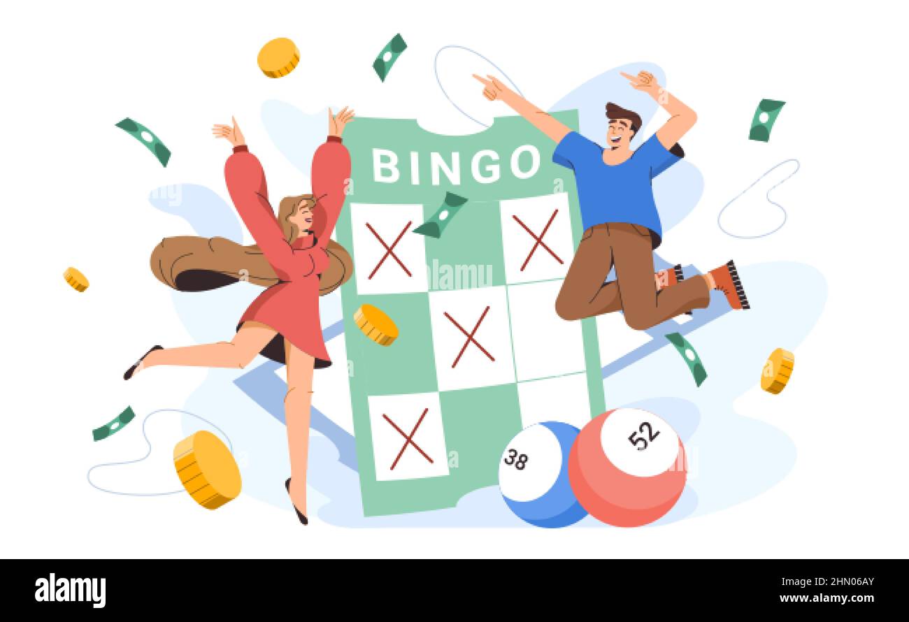 Flat Happy People près de la carte de bingo avec des numéros de boule chanceux. Jeunes personnages excités avec le billet gagnant du jeu de keno. Joyeux gagnant de loterie de lotto jackpot, casino pari loisir. Illustration de Vecteur